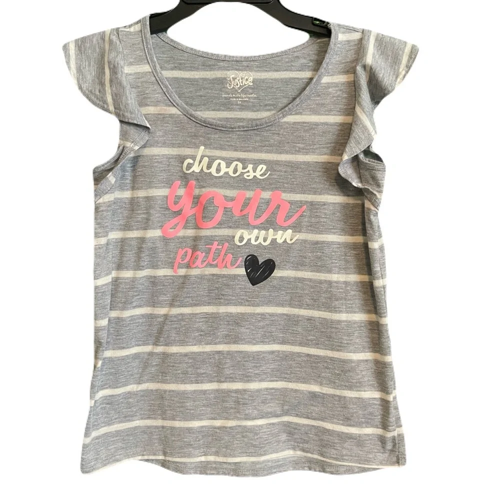 Justice Girls Size 14 Grey Striped Shirt Ruffle Sleeve